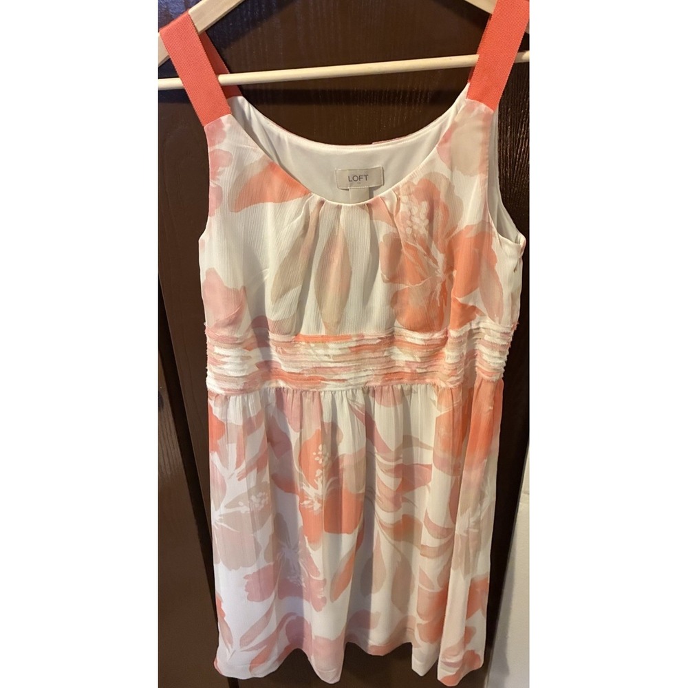 Ann Taylor Loft Dress Chiffon Size 8 Floral Coral Ivory Excellent